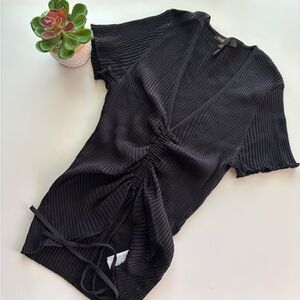 Maje Black Ribbed Drawstring Ruched Top